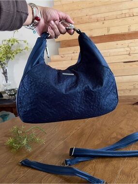 TRAVELON Anti-Theft Navy Blue Nylon Floral Stitch Design Zip Hobo Crossbody Bag